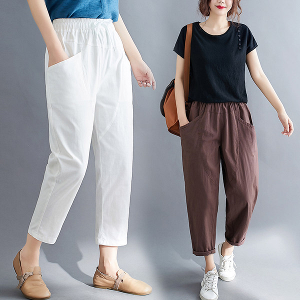 กางเกงผ้าลินิน กางเกงขายาว กางเกงผ้าลินินญี่ปุ่น กางเกงผ้าลินิน เอว ยางยืด By LZcotton and linen