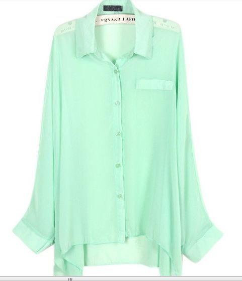 เสื้อเชิ้ต ผ้าชีฟอง แขนยาว สีพื้น สีเขียว no 68648_1