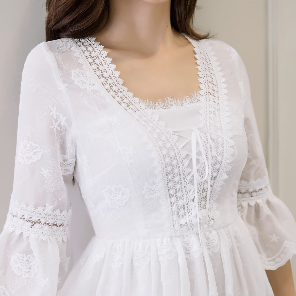 Dress4720 เดรสยาวชีฟองสีขาวปักลูกไม้ลายดอกทั้งตัว คอวีแต่งเชือกผูกไขว้ แขนยาวสี่ส่วนระบายแต่งลูกไม้ ซิปข้าง เอวสม็อคยางยืด ผ้าชีฟองเกรดพรีเมียมเนื้อดีนุ่มน่าใส่ มีซับในอย่างดี งานสวยหรูดีเทลดีงามดูสวยแพง ใส่เที่ยว/ใส่ออกงานได้