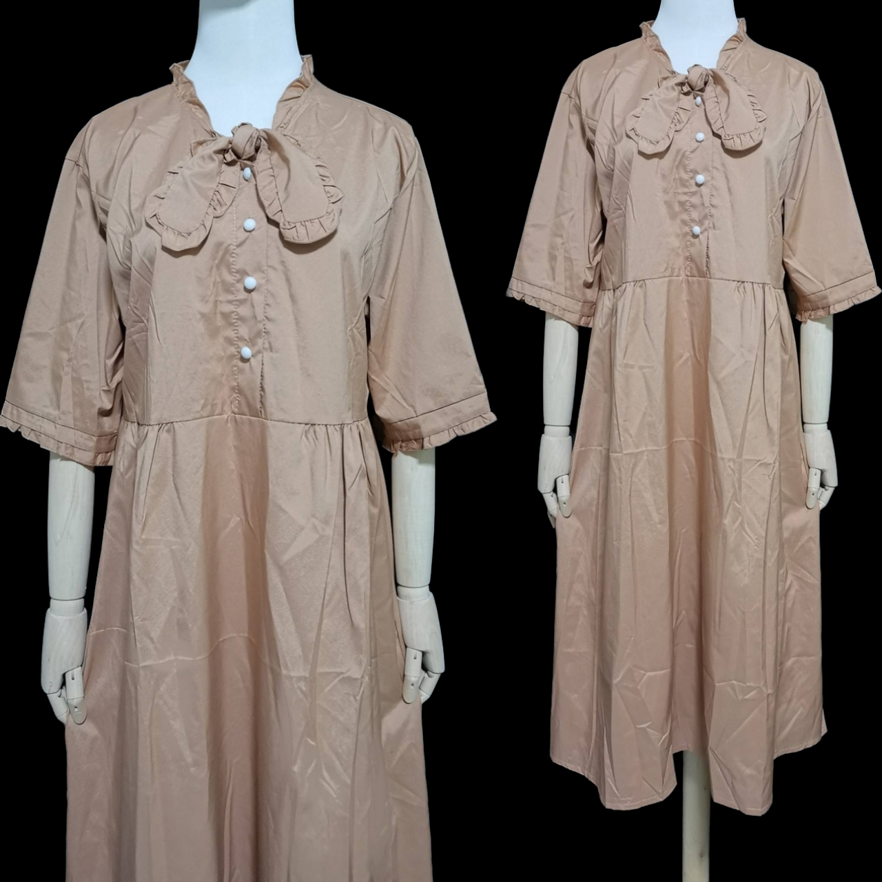 Dress4716 เดรสยาวทรงปล่อยสีพื้นน้ำตาลทอง กระดุมผ่าหน้าครึ่งตัว แขนสามส่วนแต่งระบายเล็กๆ ผ้าไมโครเนื้อดีนุ่มมีน้ำหนักทิ้งตัว งานดีทรงดีดูสวยแพง ทรงนี้สวยคลาสสิคสวมใส่ได้ทุกโอกาส