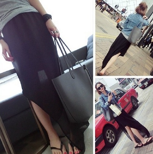 พร้อมส่ง - กระโปรงซีฟองยาว ไล่ระดับ สีดำ black มีซับใน black