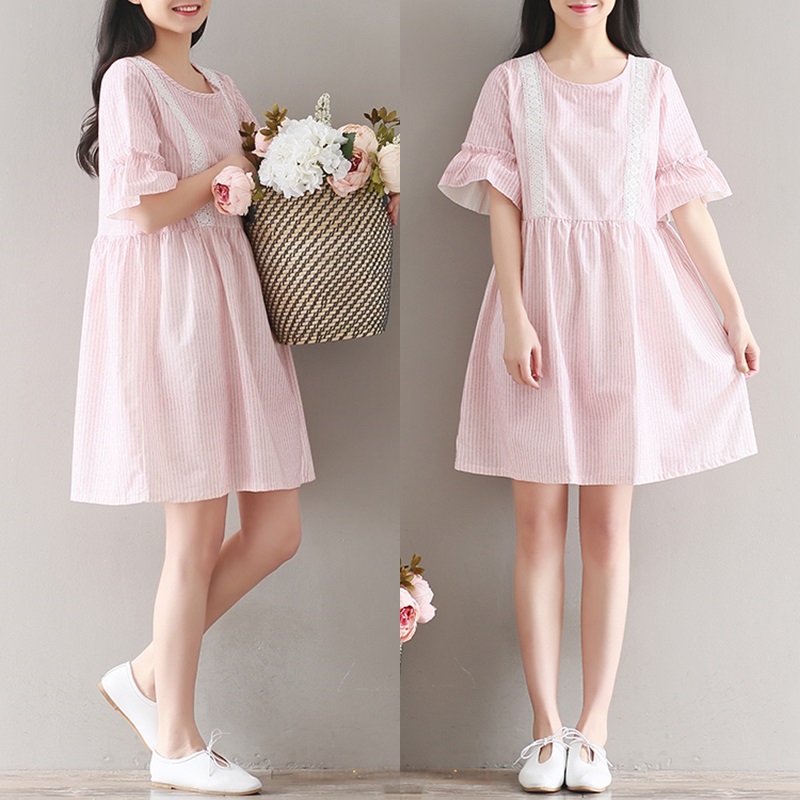 🌸 Dress4607 เดรสทรงปล่อยลายริ้วสีชมพูขาว ผ้าคอตตอนลินินเนื้อดี ใส่แล้วดูคุณหนูสุดๆ