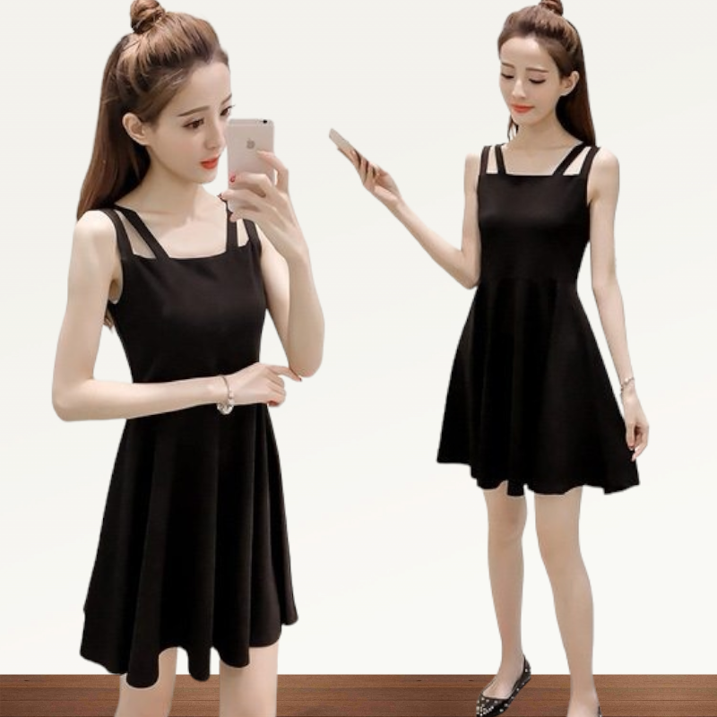 Dress4197 เดรสทรงสวยสีพื้นดำทรงสายคู่ ผ้าคอตตอนผสมสแปนเด็กซ์เนื้อดีหนาสวยมีน้ำหนักทิ้งตัว ผ้านุ่มใส่สบาย