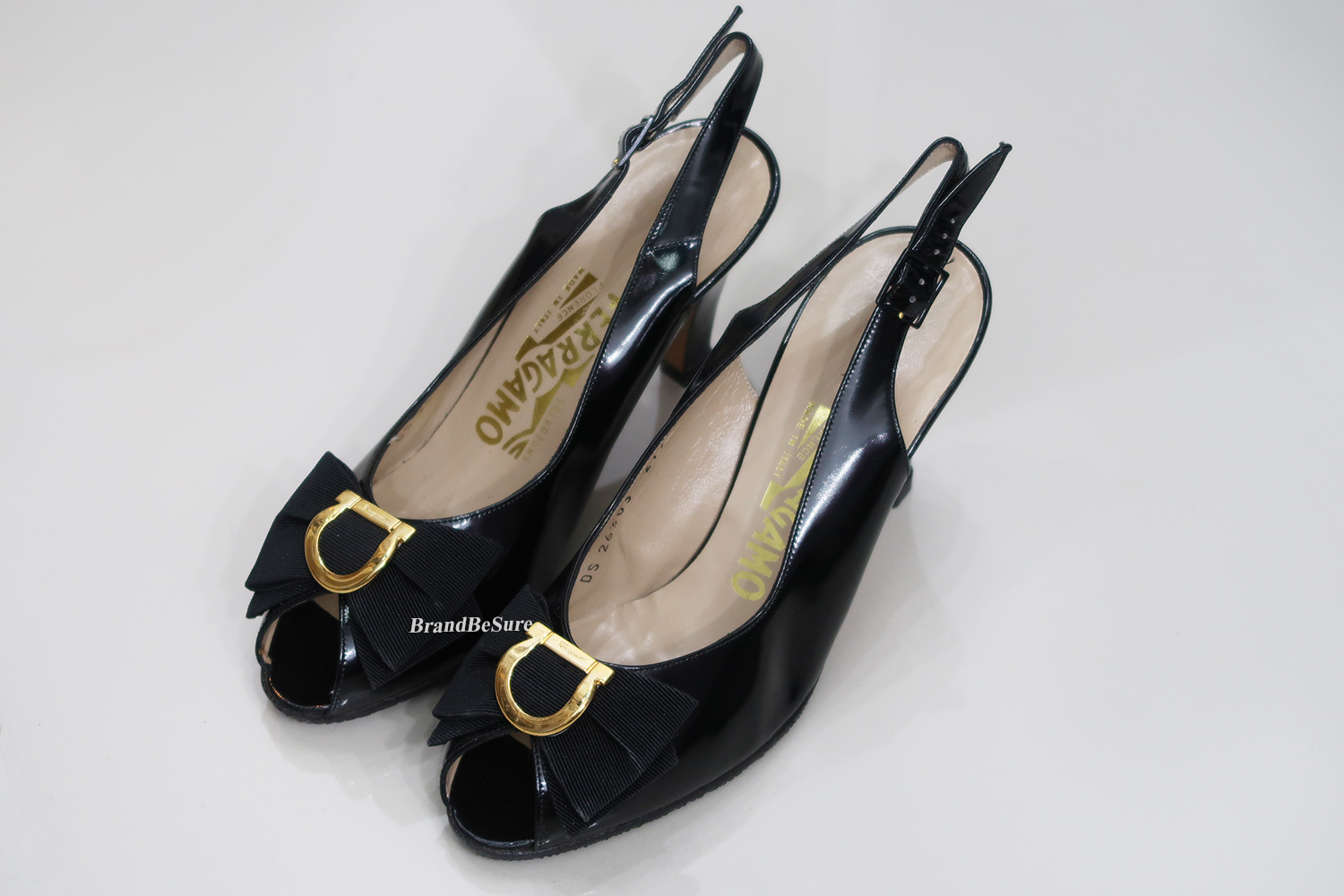 Salvatore Ferragamo Black Patent Leather Bow Sling Back Pumps Size 6.5