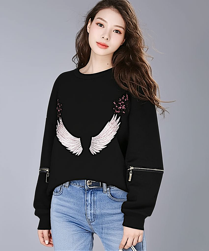Blouse3832 เสื้อสเวตเตอร์สีดำงานปักลายขนนก แขนยาวแต่งซิปรูดได้ ผ้าคอตตอนกำมะหยี่เนื้อดีหนานุ่มใส่สบาย งานสวยเท่ดีเทลดีงาม แมทช์กับอะไรก็เข้า