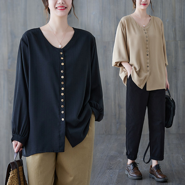 เสื้อทีเชิ้ตคนอ้วนผู้หญิงสไตล์คอตตอนลินินมีไซต์อก 47-48 นิ้ว