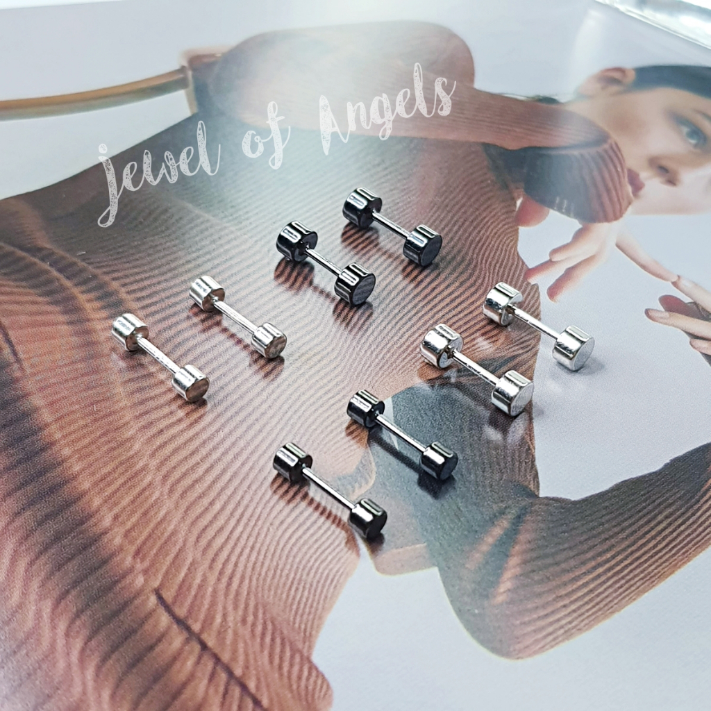 ต่างหูเงินแท้S925 รุ่น Strength ต่างหูดัมเบลล์ขอบเหลี่ยม แป้นหลังบอลขอบเหลี่ยม เบสิคมินิมอล เงินแท้ทั้งชิ้น