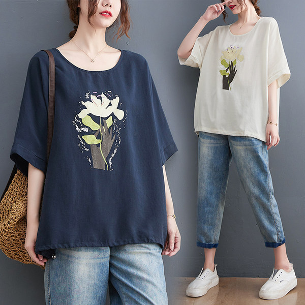 เสื้อลินินคนอ้วน เสื้อทีเชิ้ตคนอ้วนผู้หญิง เสื้อทีเชิ้ตตัวใหญ่ By Literary Plus size
