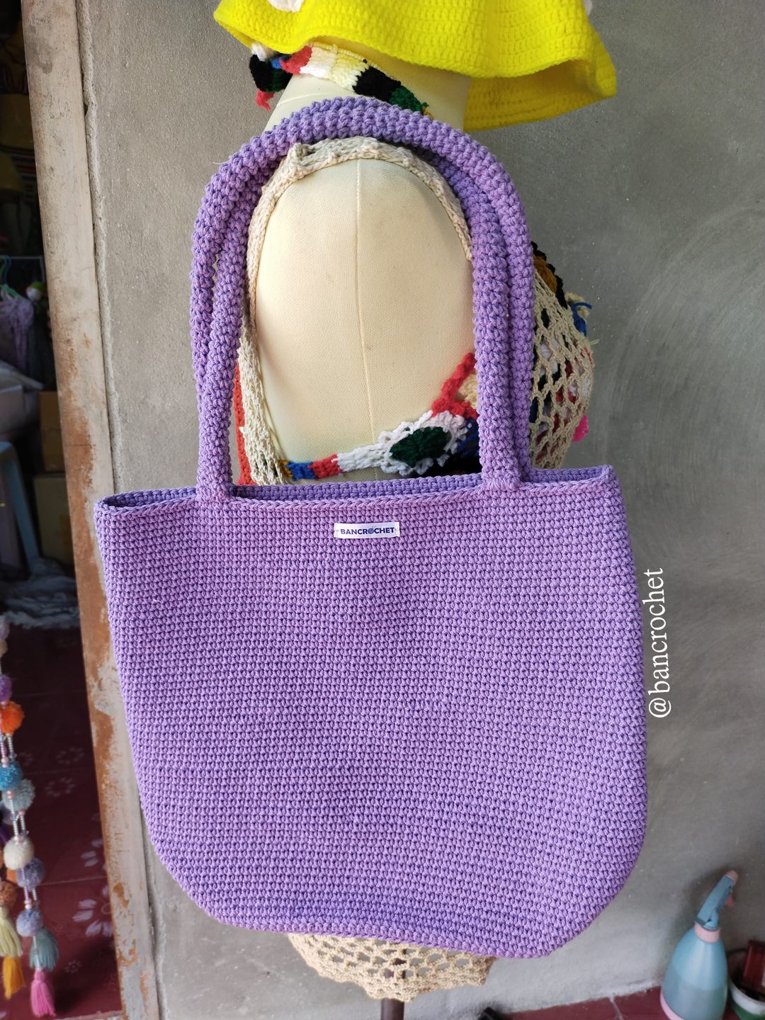 Bancrochet กระเป๋าถักโครเชต์ crochet bag ม่วง 29*30*9 สาย 22 cm