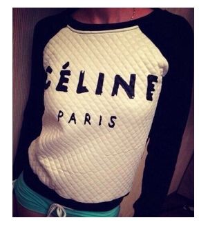 เสื้อยืดผู้หญิง แขนยาว เสื้อยืด แฟชั่น CELINE Paris ตัวเสื้อ สีขาว ส่วนแขน ตัดด้วย สีดำ เสื้อยืดคอกว้าง แขนยาว แฟชั่น ยุโรป 163899_1