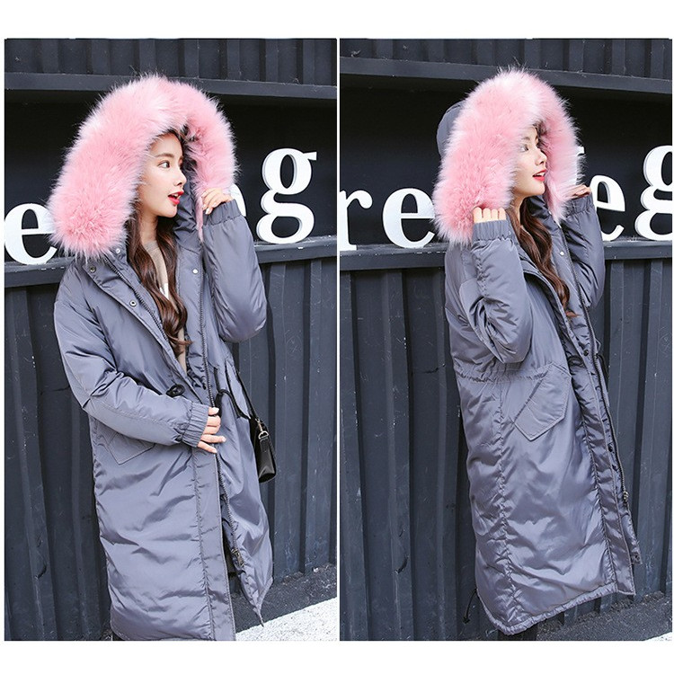 เสื้อกันหนาวฮู้ดดี้ ทรงยาว แต่งเฟอร์หนาฟู งานเกรดดีเหมือนแบบ บุนวมหนา อุ่นมาก หิมะก็เอาอยู่ (ถอดขนถอดฮู้ดได้) เทาฮู้ดชมพู