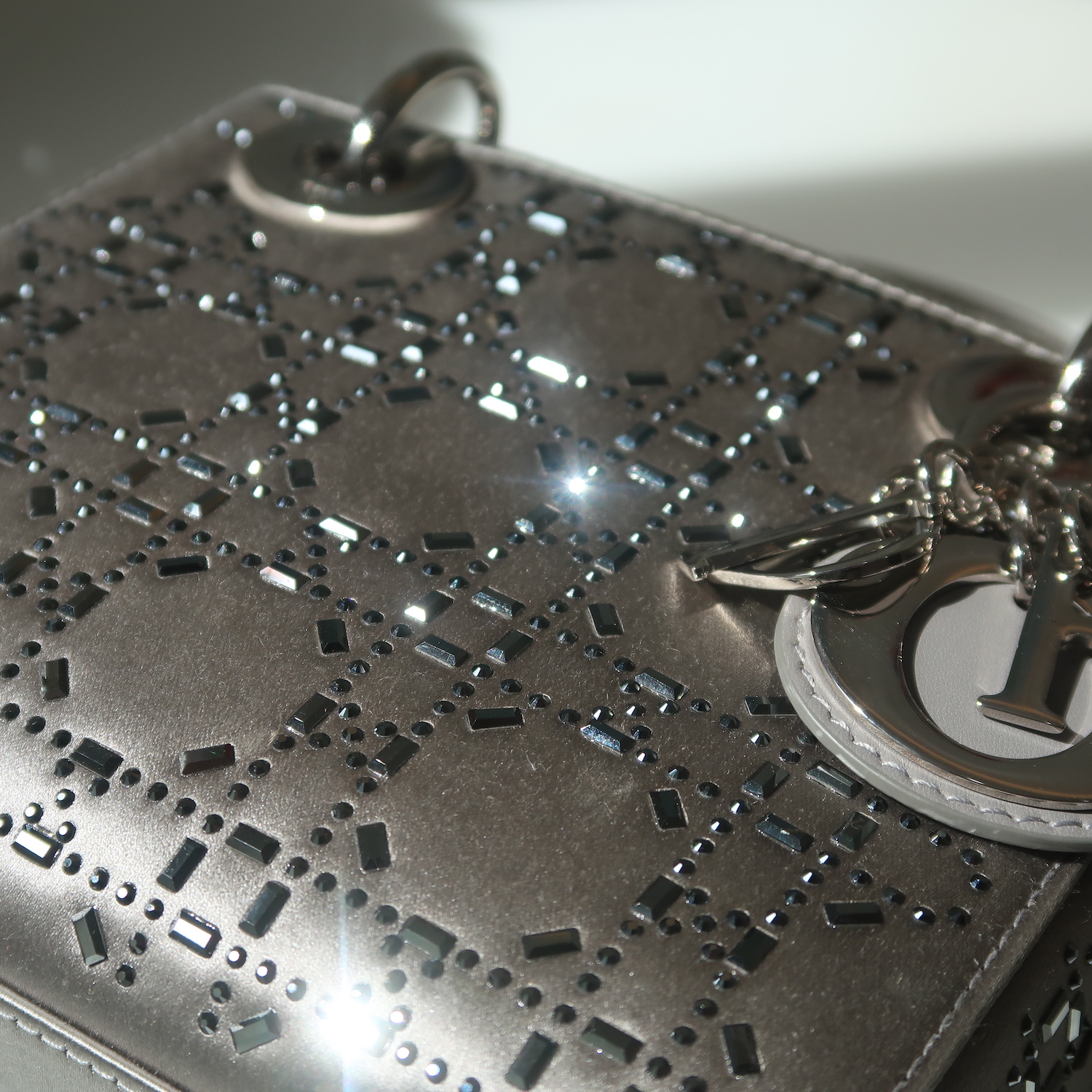 Christian Dior Grey Strass Cannage Satin Mini Lady Dior SHW