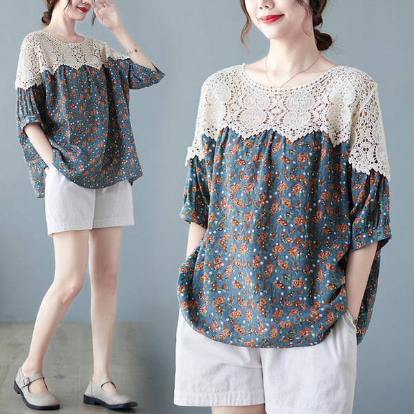 เสื้อทีเชิ้ตคนอ้วนผู้หญิงสไตล์คอตตอนลินินมีไซต์อก 47-48 นิ้ว