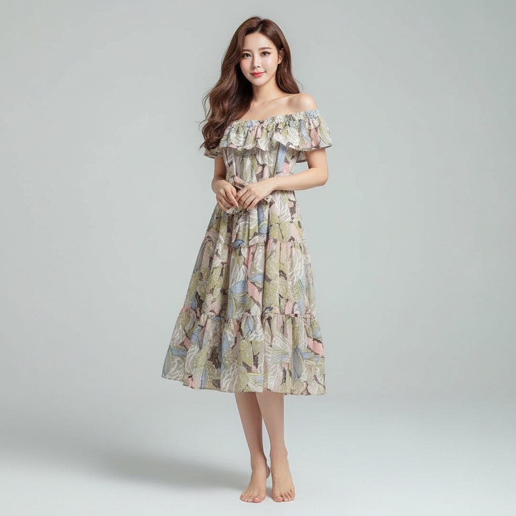 🌸✨ Dress4704 เดรสยาวเปิดไหล่ลายดอกไม้ ชีฟองพรีเมียม ทรงสวยคลาสสิคใส่ได้ทุกโอกาส