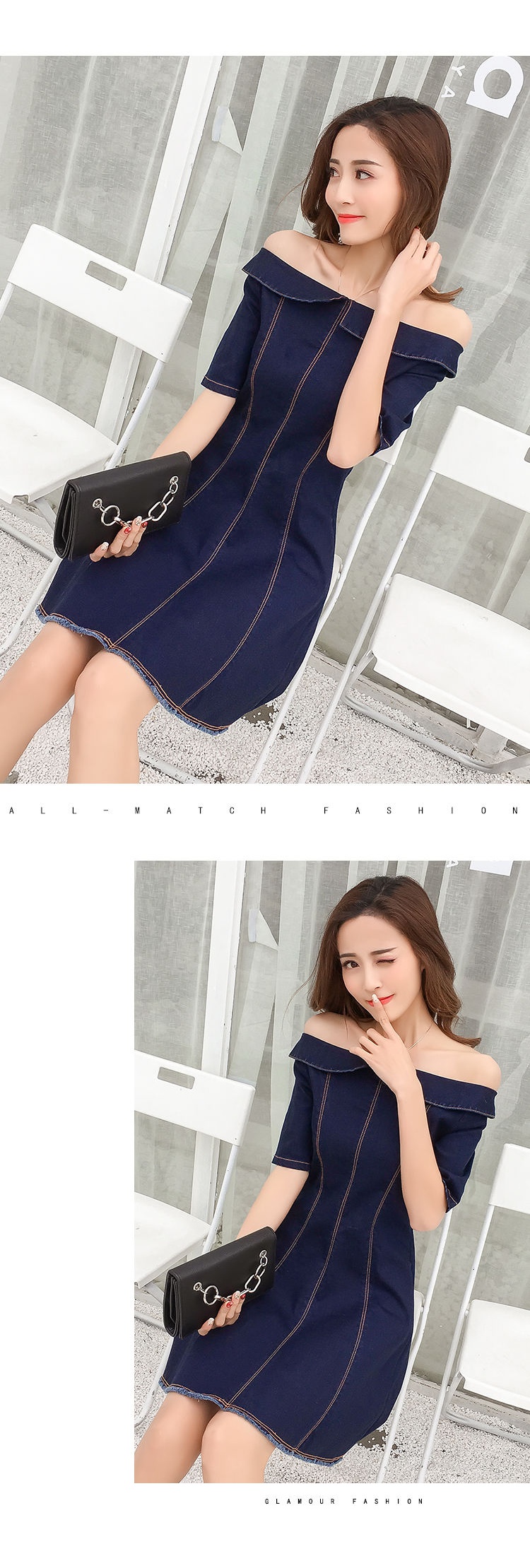Dress4501 เดรสยีนส์เปิดไหล่แขนสามส่วน ซิปหน้าใส่ง่าย แต่งชายรุ่ยดูมีดีเทล ผ้ายีนส์แท้ยีนส์ยืดเนื้อดี