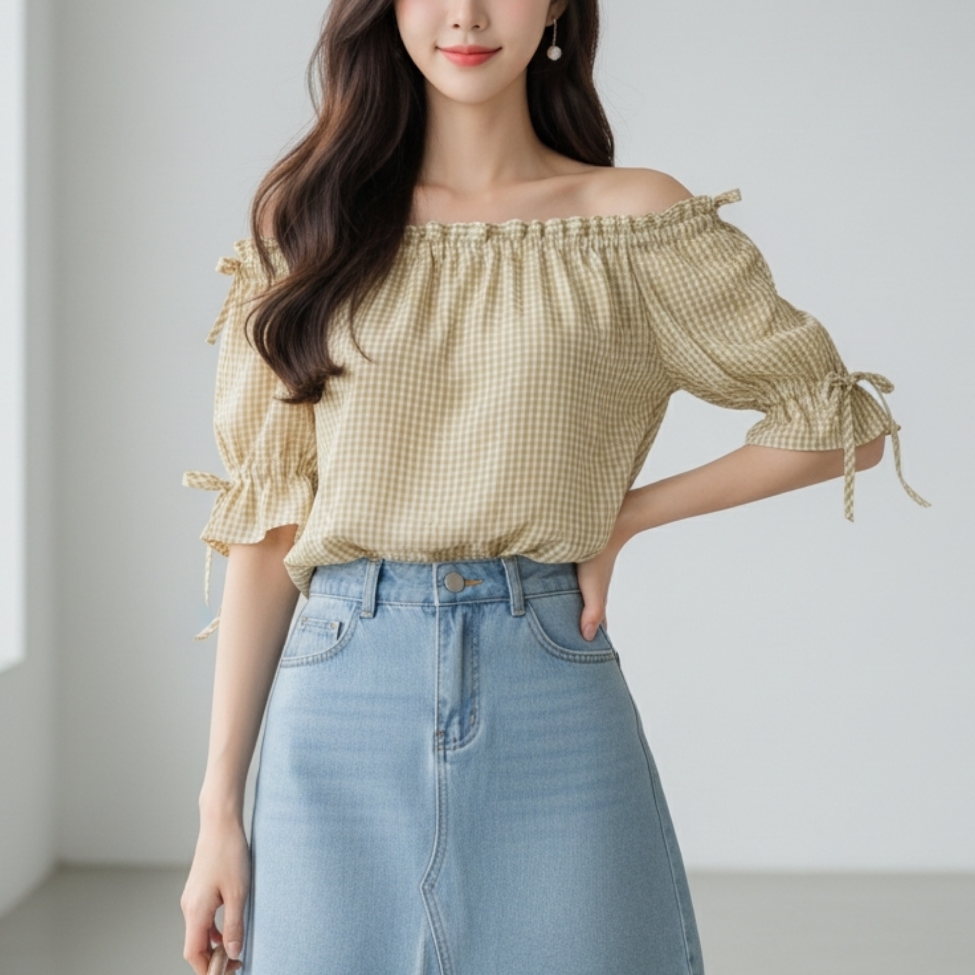 Blouse3904 เสื้อเปิดไหล่ลายสก็อตโทนสีเหลืองมัสตาร์ด แต่งเชือกรูด แขนทรงปล่อย สามารถใส่เปิดไหล่หรือเกาะไหล่ก็ได้ ผ้าโพลีเนื้อดีนุ่มใส่สบาย