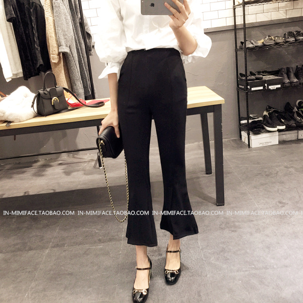 กางเกงขายาว 5 ส่วน ผ่าหน้า ผ้าใยสังเคราะห์ ยืดได้นิดหน่อย ไม่หนา พร้อมส่ง black