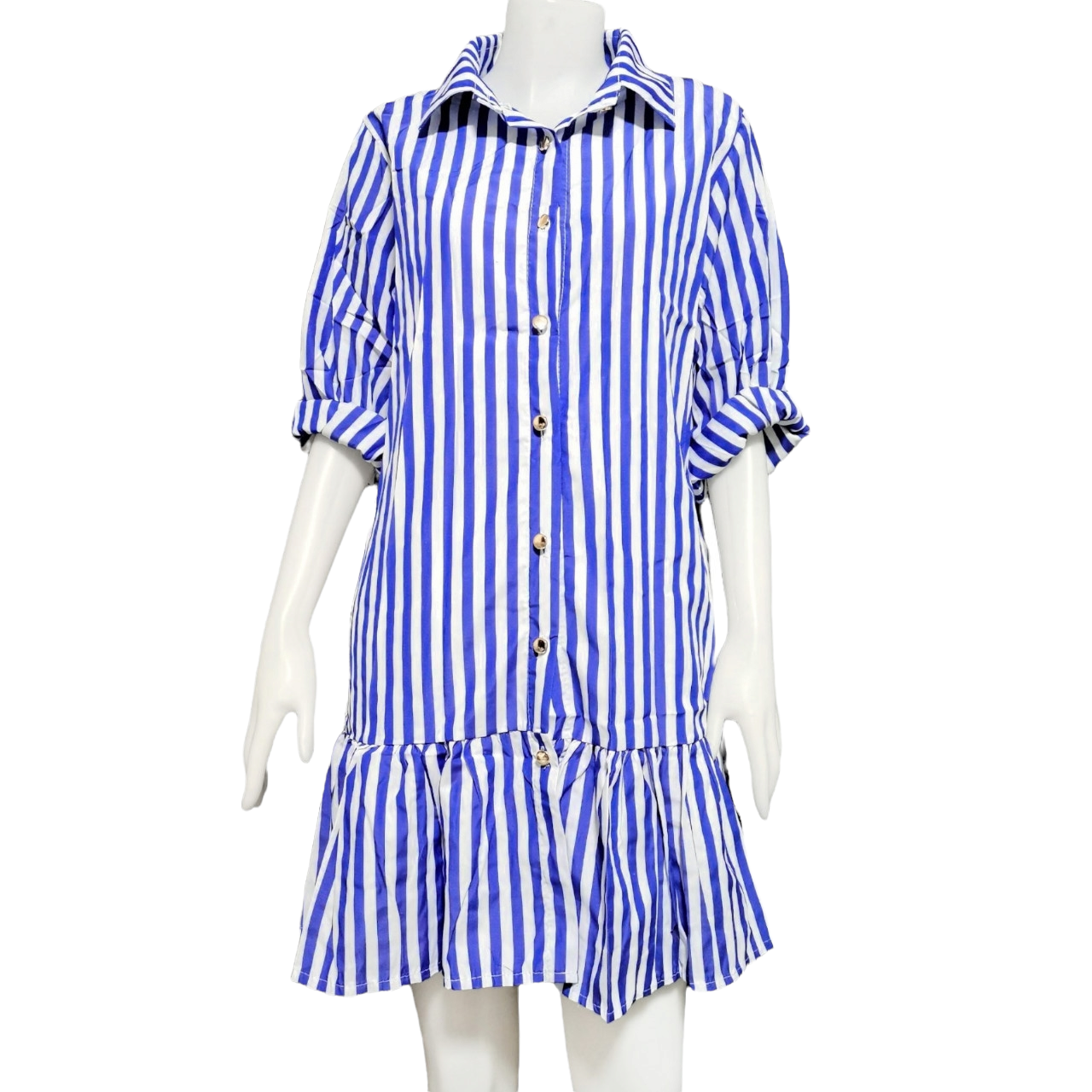 Dress3614 เดรสไซส์ใหญ่คอปกเชิ้ตลายริ้ว กระดุมหน้า แขนยาว ชายระบาย ผ้าคอตตอนโพลีเนื้อดีใส่สบายไม่ยับง่าย มี 4 สี ขาวดำ ขาวแดง ขาวชมพู ขาวน้ำเงิน