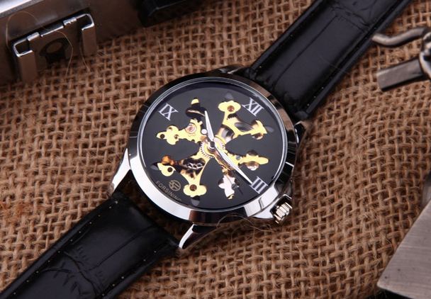 นาฬิกาข้อมือ โชว์กลไก Mechanical watch สไตล์ ทหาร อเมริกัน สไนเปอร์ ดีไซน์ ลายพราง 2 สี หน้าปัดทอง และ ดำ สายหนัง สุดคลาสสิค 431673