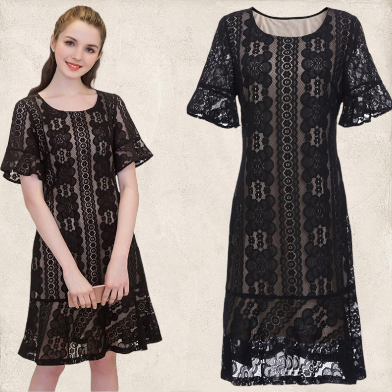 Dress4380 เดรสลูกไม้สีดำลายสวยซับในสีเนื้อ ชายระบาย ผ้าลูกไม้คอตตอนเกรดพรีเมียมเนื้อดี