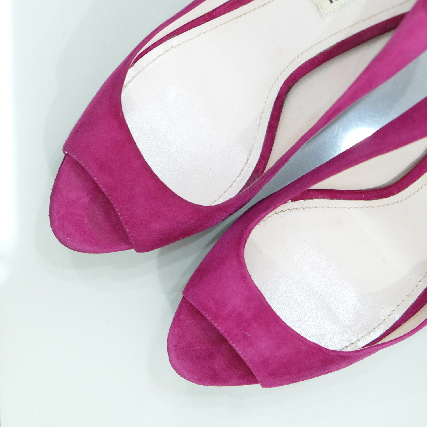 Miu Miu Fushia Pink Suede (Goat) Peep Toes Glitter Heel 5.5" Size 40