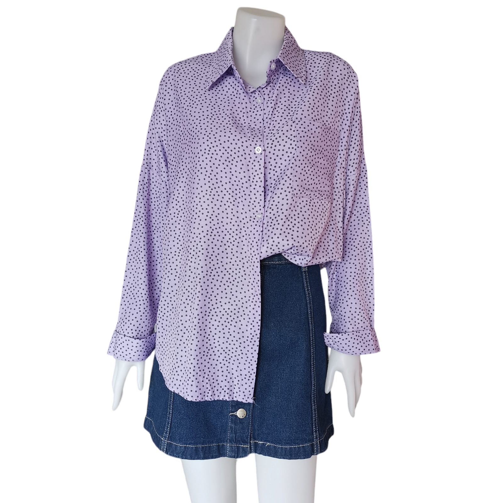 Blouse4084 เสื้อเชิ้ตแขนยาวลายจุด กระดุมผ่าหน้า กระเป๋าอก 1 ข้าง ผ้าคอตตอนโพลีเนื้อดีมีน้ำหนักทิ้งตัวใส่สบาย ใส่เที่ยว/ใส่ทำงานได้ มี 3 สี ส้ม, ฟ้า, ม่วง