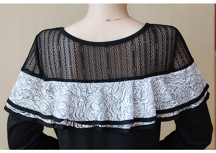 Dress4634 ชุดเดรสแขนยาวสีพื้นดำทรงสวยบ่าลูกไม้ แต่งระบายอกสีขาวตัดกับสีชุดดูมีดีเทล สาวอวบใส่ได้