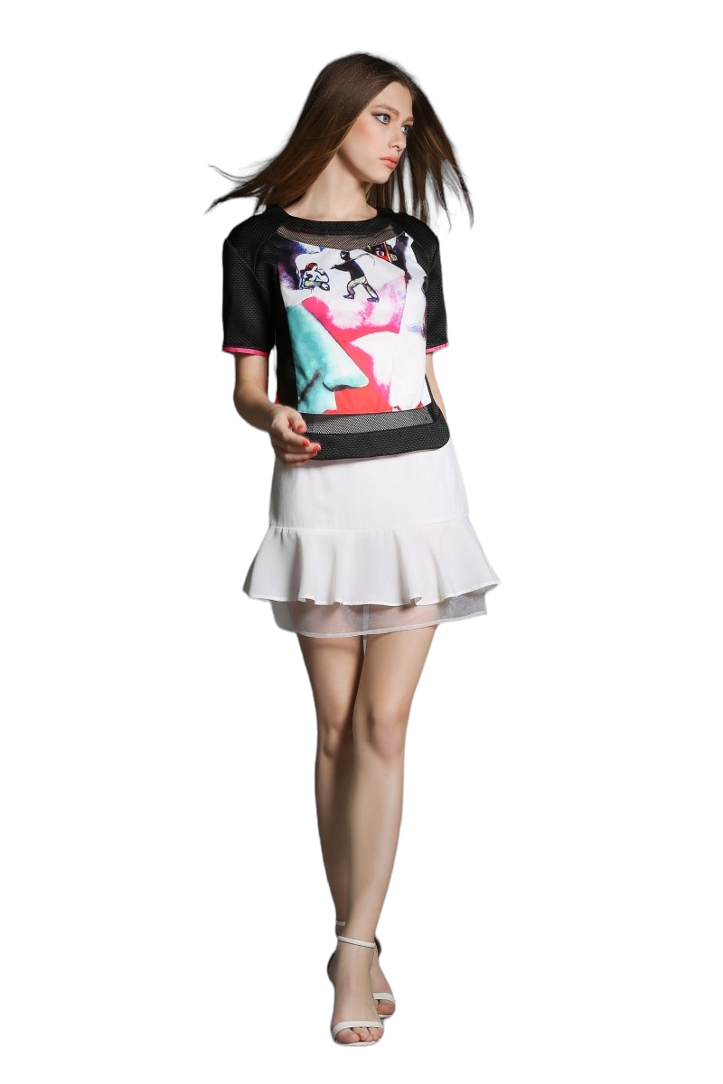 Set_bs1525 ชุด 2 ชิ้น(เสื้อ+กระโปรง) เสื้อสีดำสกรีนลายกราฟฟิคผ้าเนื้อหนาสวย+กระโปรงผ้าฮานาโกะสีพื้นขาวซิปหลังชายระบายแต่งผ้าใยแก้ว งานน่ารัก แมทช์กันได้อย่างลงตัว เซ็ทสองชิ้นสวยคุ้ม ใส่เก๋ๆ ได้บ่อย แยกใส่กับตัวอื่นก็สวย