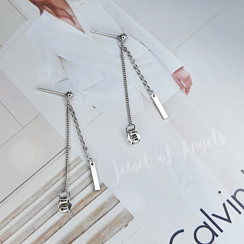 ต่างหูเงินแท้ S925 รุ่น Commitment ต่างหูก้านเสียบ แต่งโซ่ป้าย4เหลี่ยม เงินแท้ทั้งชิ้น Silver925 ตุ้มหู
