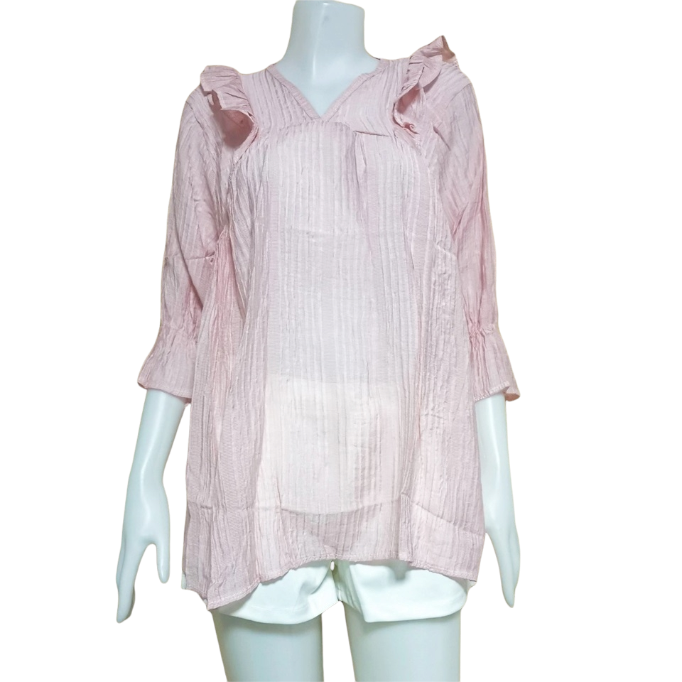 Blouse3733 เสื้อแฟชั่นไซส์ใหญ่ทรงปล่อย ทรงคอวี แขนสามส่วน ผ้าชีฟองเนื้อหนาใส่สบาย มี 2 สี ชมพู, ดำ