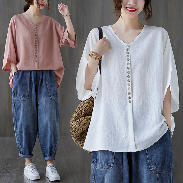 เสื้อลินินคนอ้วน เสื้อทีเชิ้ตคนอ้วนผู้หญิง เสื้อทีเชิ้ตตัวใหญ่ By Literary Plus size