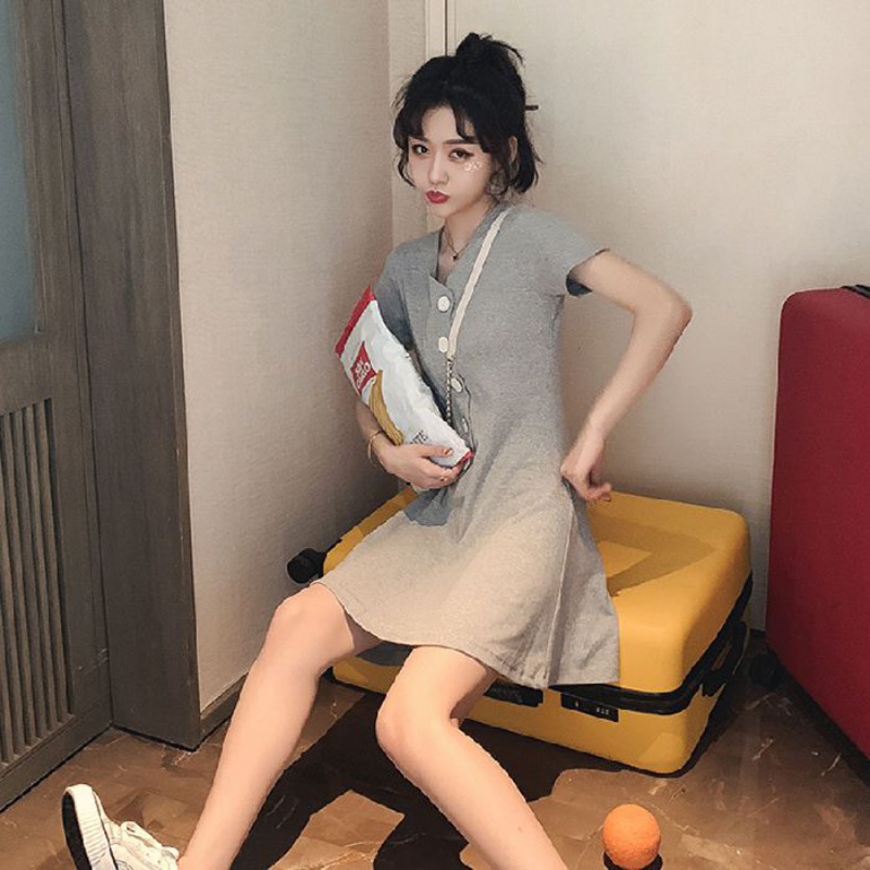 Dress4657 มินิเดรสคอวีกระดุมหน้า ผ้าคอตตอนเนื้อดีนุ่มใส่สบายยืดหยุ่นสูง งานน่ารักสไตล์มินิมอล ใส่เก๋ๆ ได้บ่อย มี 2 สี เทา, ดำ