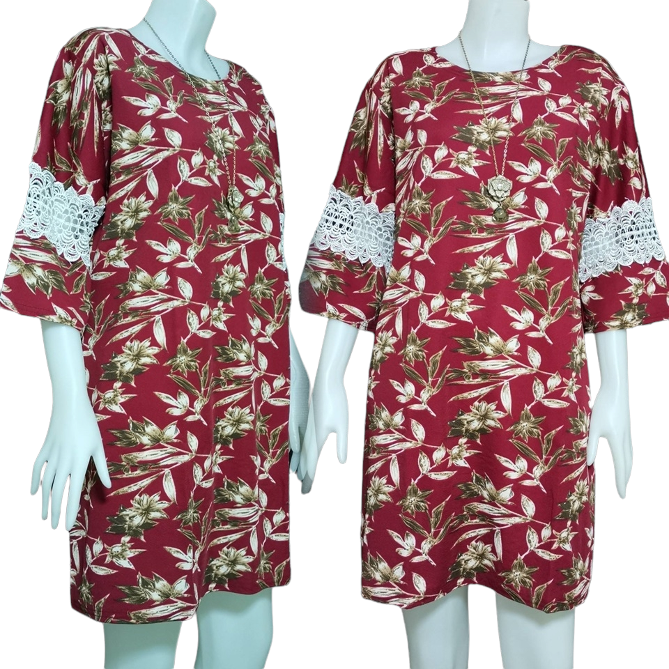 Dress4361 เดรสไซส์ใหญ่ทรงปล่อยลายดอกไม้ แขนสามส่วนระบายแต่งลูกไม้ ผ้าวูลเวฟ(ผ้าหนังไก่)เนื้อดีหนานิ่มมีน้ำหนักยืดขยายได้เยอะใส่สบายสุด งานดีทรงสวย ทรงนี้ใส่ได้เรื่อยๆ มี 5 สี เลือดหมู, เขียว, ชมพู, กรม, ดำ