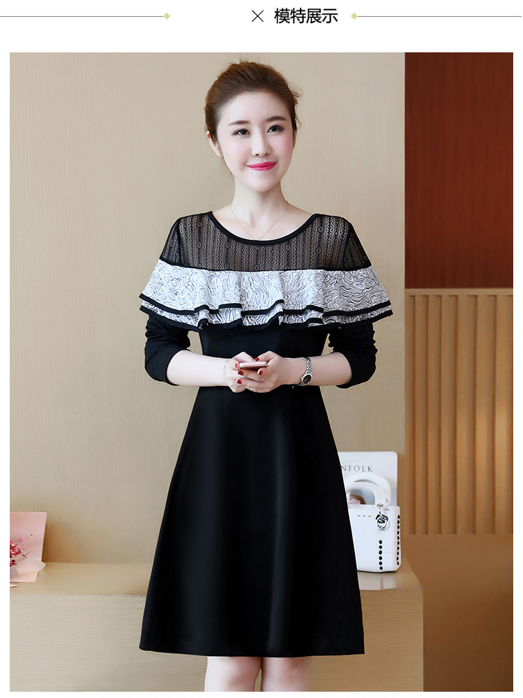 Dress4634 ชุดเดรสแขนยาวสีพื้นดำทรงสวยบ่าลูกไม้ แต่งระบายอกสีขาวตัดกับสีชุดดูมีดีเทล สาวอวบใส่ได้