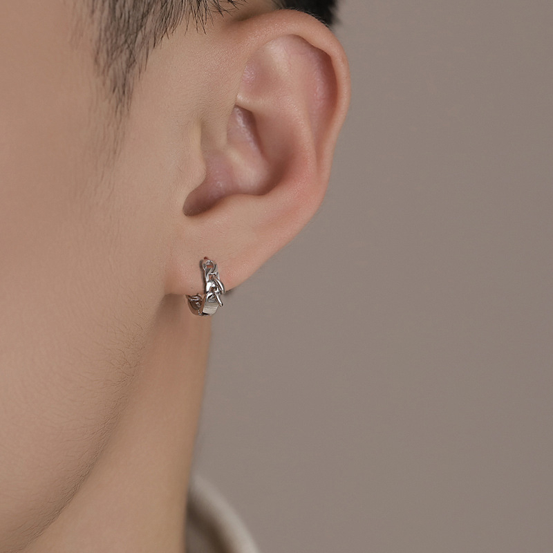 ต่างหูห่วงเงินแท้ S925 รุ่น Metal Robe ห่วงลายโซ่ แต่งห่วงด้านข้าง ตุ้มหูห่วง ผู้ชาย สีเงิน Silver925
