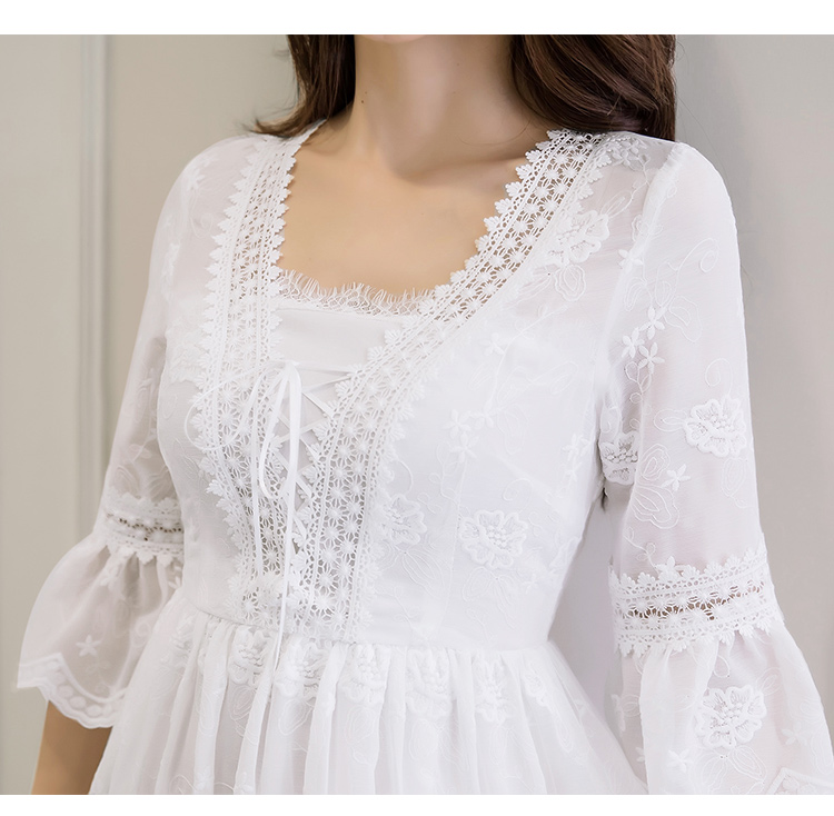 Dress4720 เดรสยาวชีฟองสีขาวปักลูกไม้ลายดอกทั้งตัว คอวีแต่งเชือกผูกไขว้ แขนยาวสี่ส่วนระบายแต่งลูกไม้ ซิปข้าง เอวสม็อคยางยืด ผ้าชีฟองเกรดพรีเมียมเนื้อดีนุ่มน่าใส่ มีซับในอย่างดี งานสวยหรูดีเทลดีงามดูสวยแพง ใส่เที่ยว/ใส่ออกงานได้