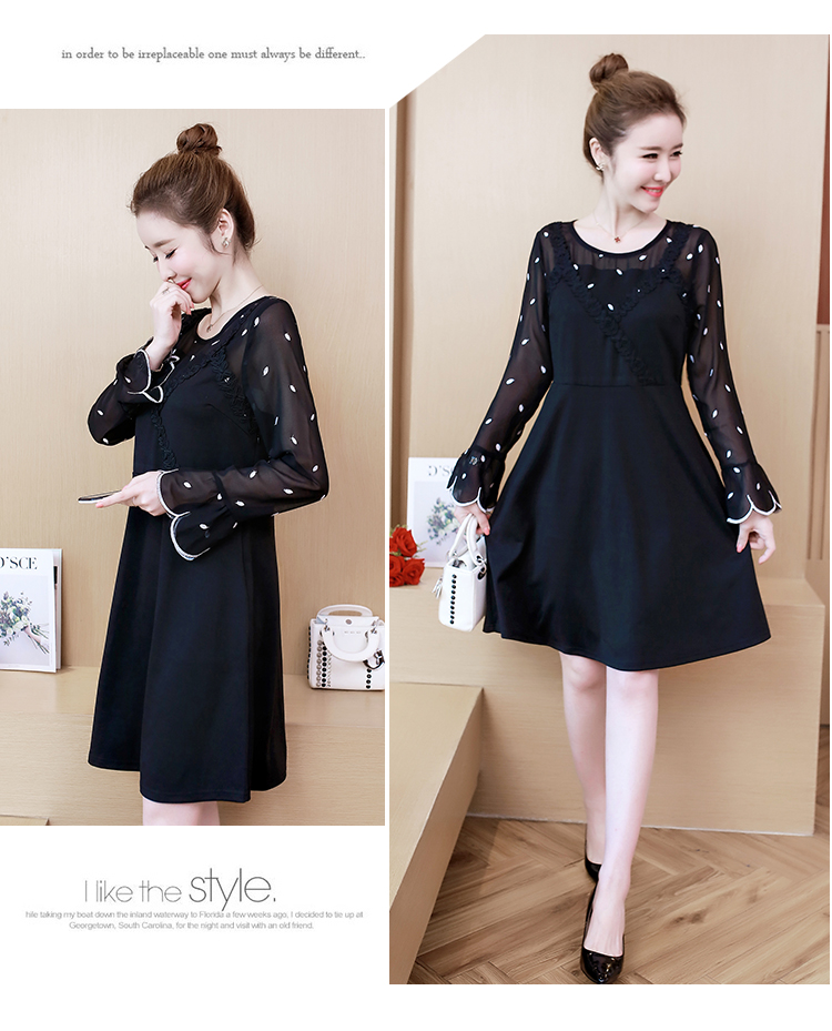 Dress4475 เดรสแขนยาวสีดำ ดีเทลช่วงอกและแขนเป็นผ้าชีฟองปักลายใบไม้เล็กๆ ผ้าไมโครเนื้อดีมีน้ำหนักยืดหยุ่นได้ งานดีทรงสวย