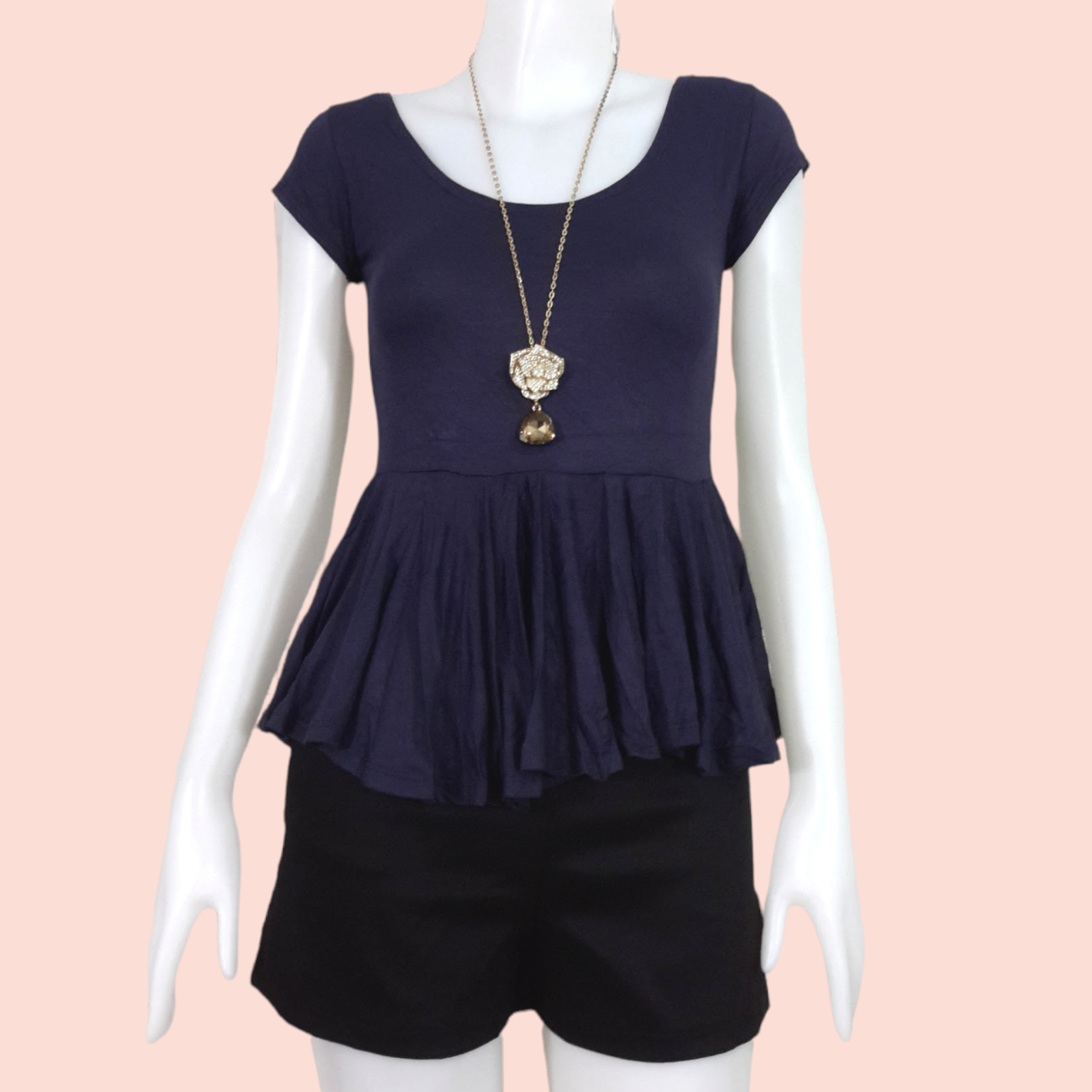 Blouse3429 เสื้อยืดแฟชั่นชายระบาย ผ้าเรย่อนเนื้อนิ่มยืดได้เยอะสีพื้นกรมท่า
