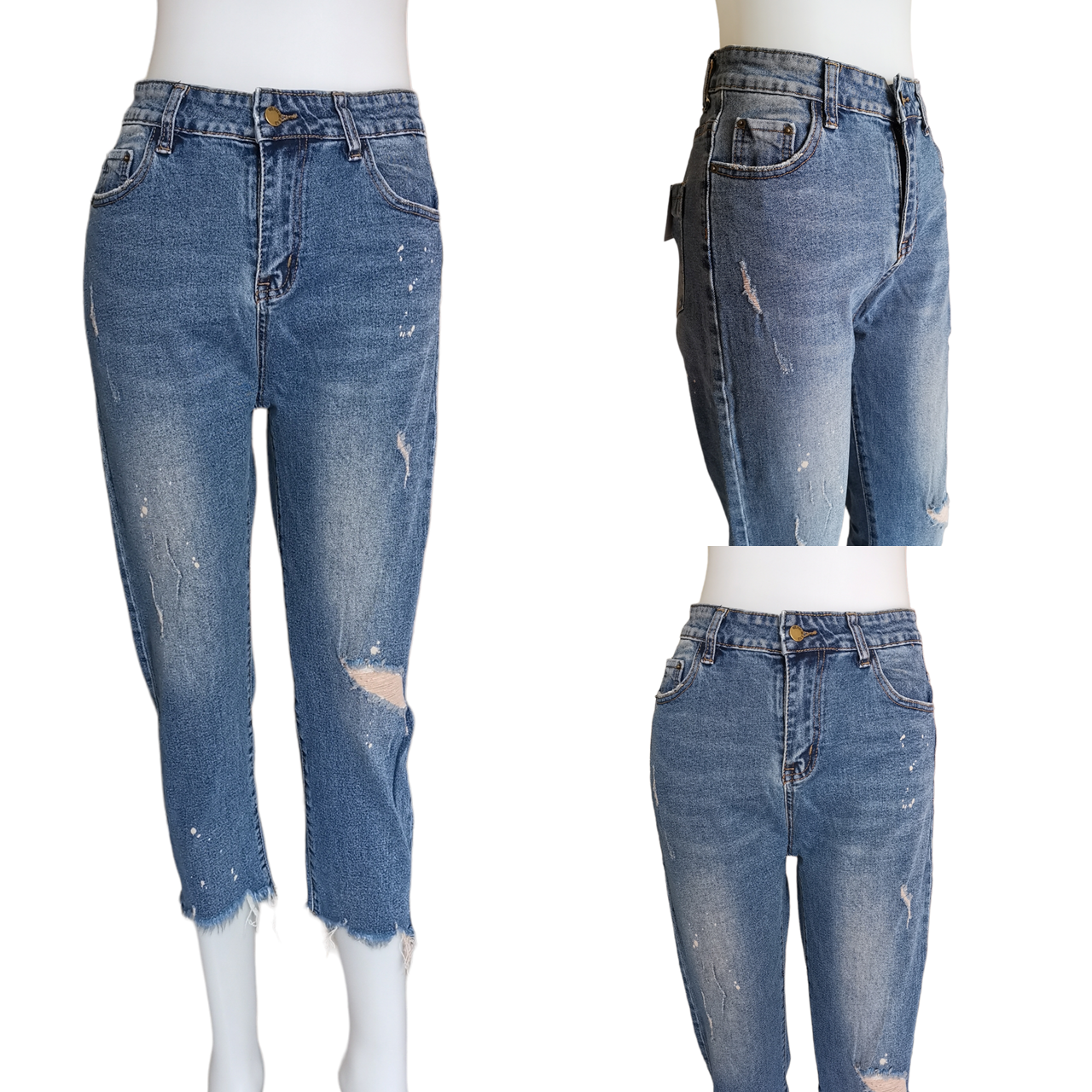 Jeans342 กางเกงยีนส์ขายาวเก้าส่วนเอวสูงแต่งขาด ปลายขารุ่ย แฟชั่นนำเข้าเกรดพรีเมียม ผ้ายีนส์แท้ยีนส์ฟอกยืดนิ่มใส่สบาย ผ้านุ่มน่าใส่ทรงสวยงานดี แมทช์กับอะไรก็เข้า