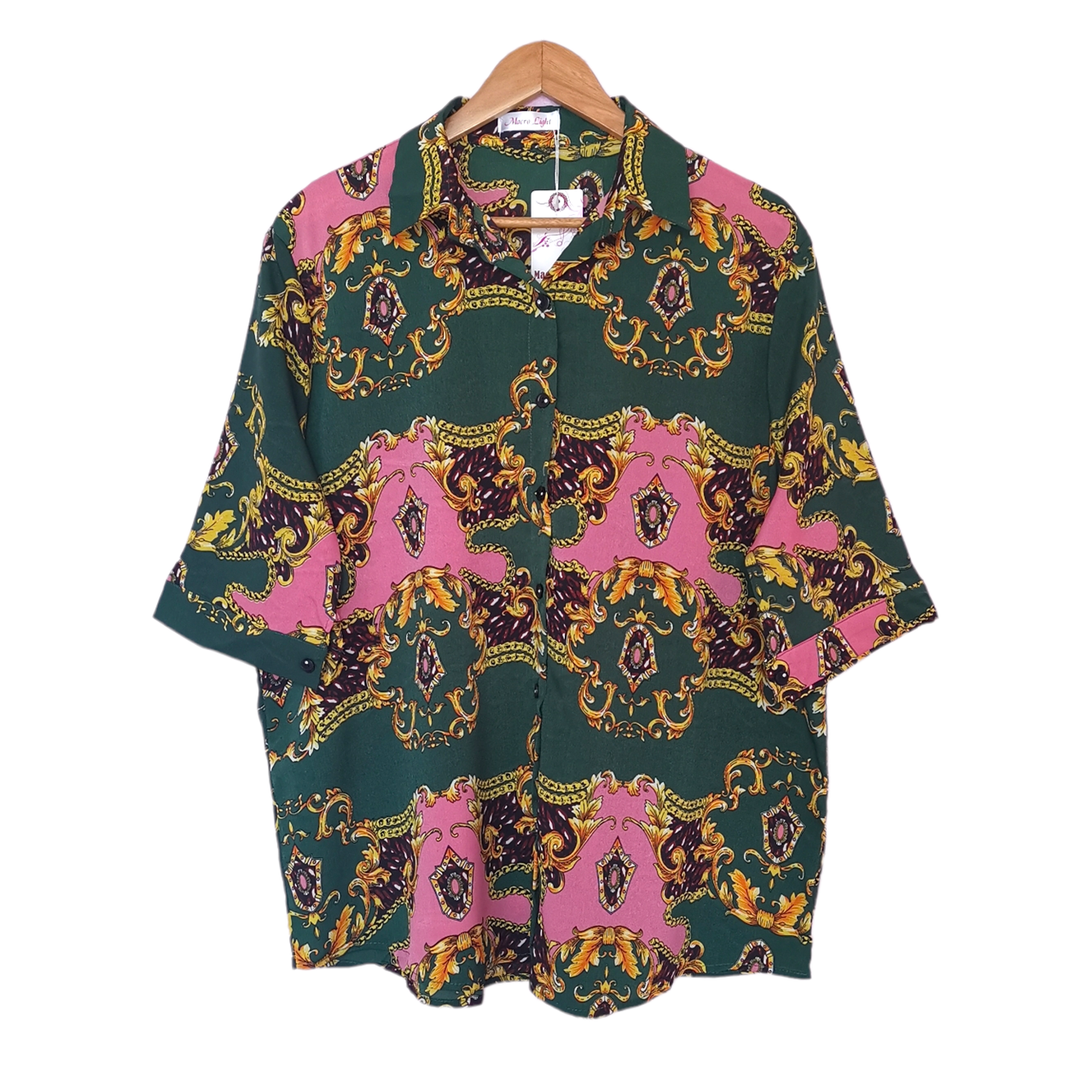 Blouse3735 เสื้อเชิ้ตไซส์ใหญ่ลายวินเทจ กระดุมหน้า แขนยาวสามส่วน ผ้าชีฟองเนื้อหนาทิ้งตัวใส่สบายสุด