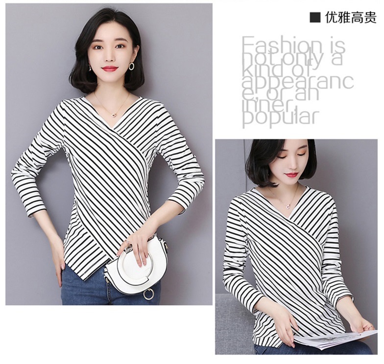 Blouse3826 เสื้อยืดคอวีป้ายชายแหลมลายริ้วสีขาว แขนยาว ผ้าคอตตอนสแปนเด็กซ์เนื้อดียืดหยุ่นสูงใส่สบาย งานสวยแมทช์กับขาสั้นหรือขายาวก็น่ารักไม่แพ้กัน