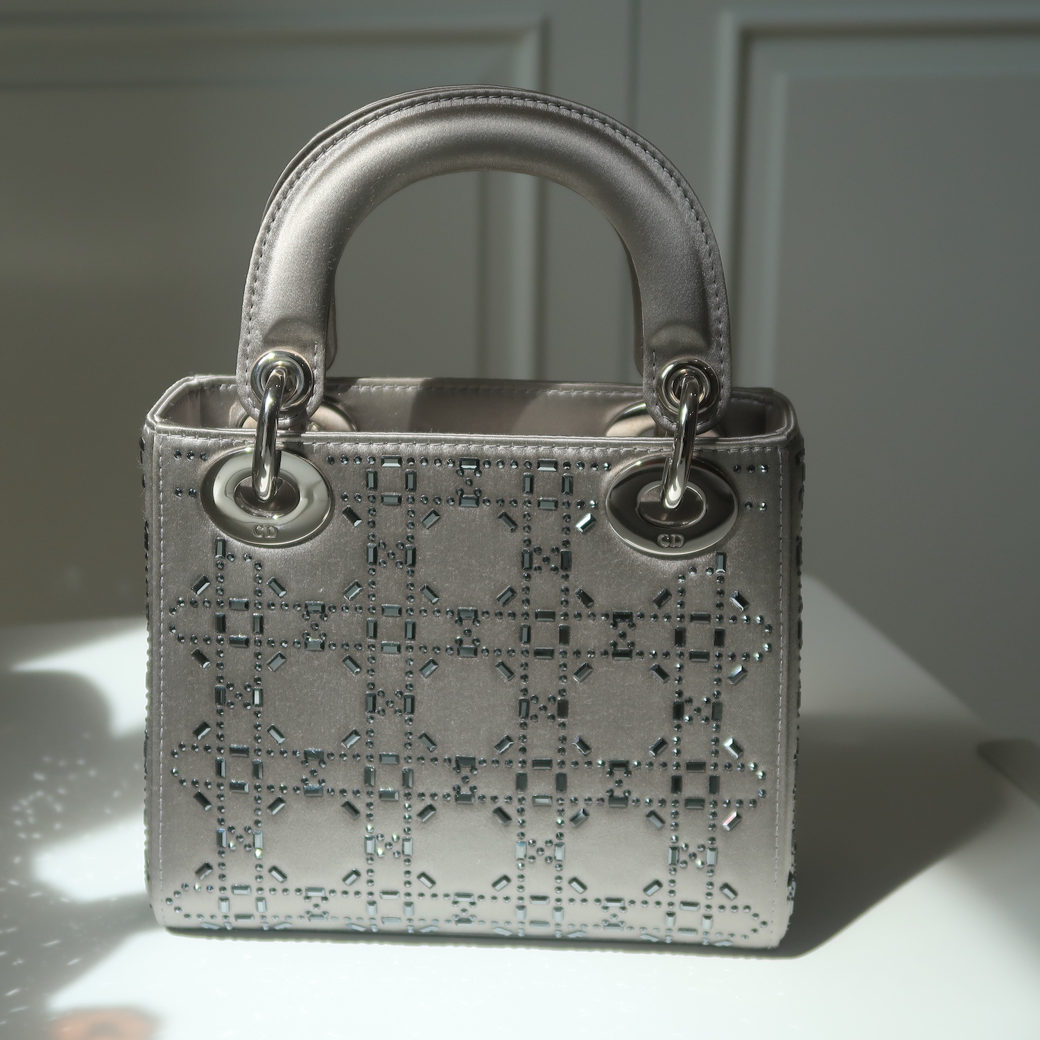 Christian Dior Grey Strass Cannage Satin Mini Lady Dior SHW