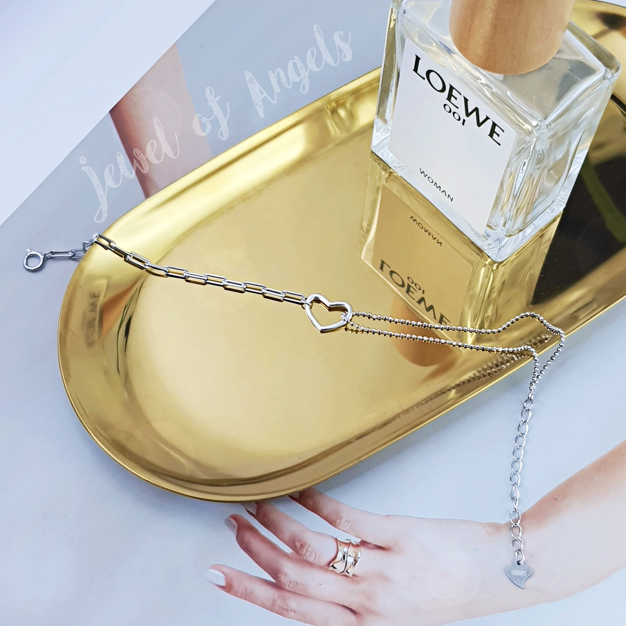 สร้อยข้อมือเงินแท้S925 รุ่น Charming สร้อยโซ่และดอท จี้หัวใจโปร่ง สีเงิน เงินแท้ทั้งชิ้น Silver925