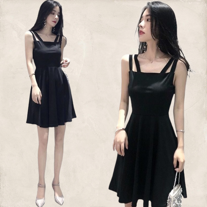 Dress4197 เดรสทรงสวยสีพื้นดำทรงสายคู่ ผ้าคอตตอนผสมสแปนเด็กซ์เนื้อดีหนาสวยมีน้ำหนักทิ้งตัว ผ้านุ่มใส่สบาย