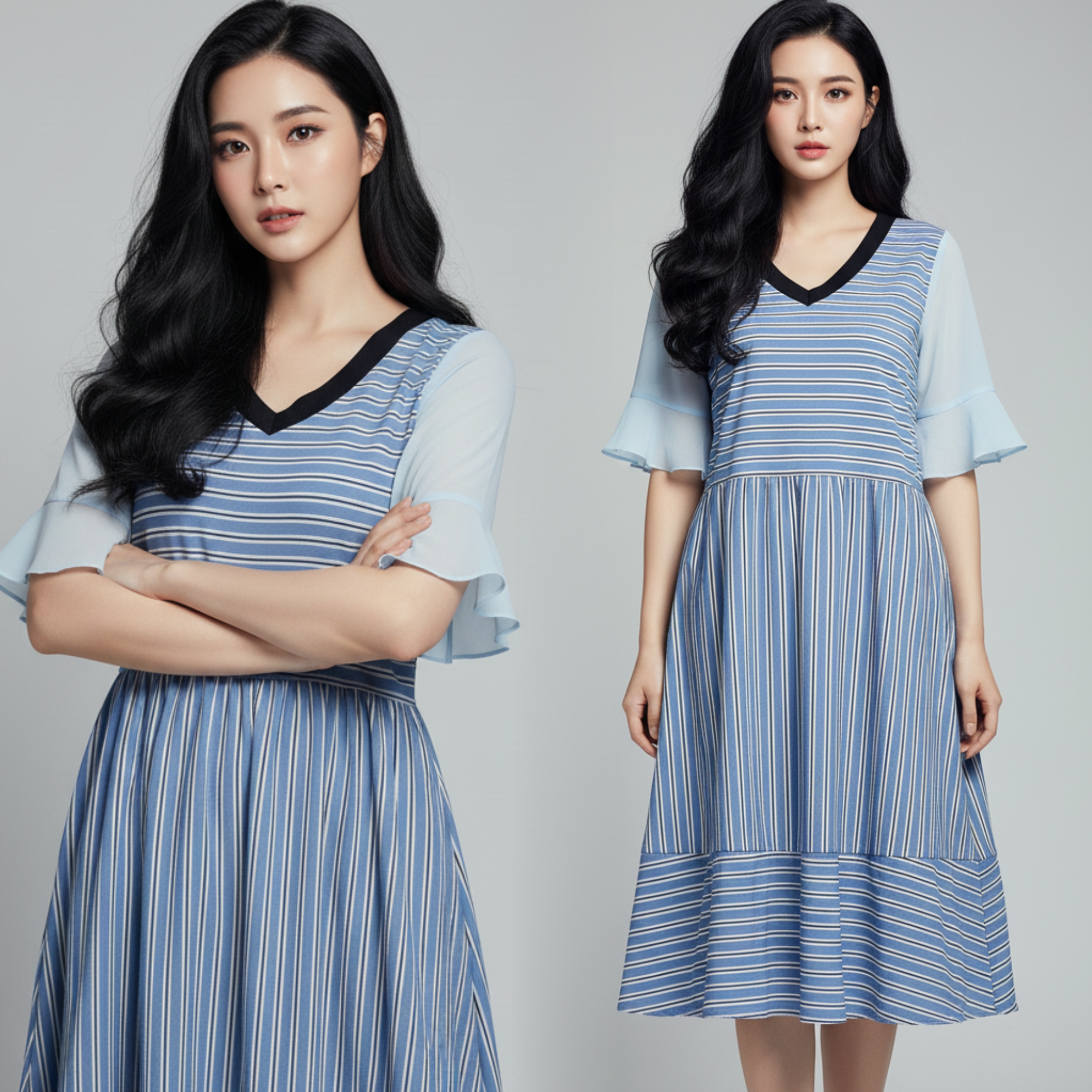 💙 Dress4422 เดรสยาวลายริ้วโทนฟ้า แขนชีฟองระบาย ผ้าสลาฟใส่สบาย ไม่บาง ไม่ยับ ใส่เที่ยว-ทำงานได้ สไตล์เกาหลี
