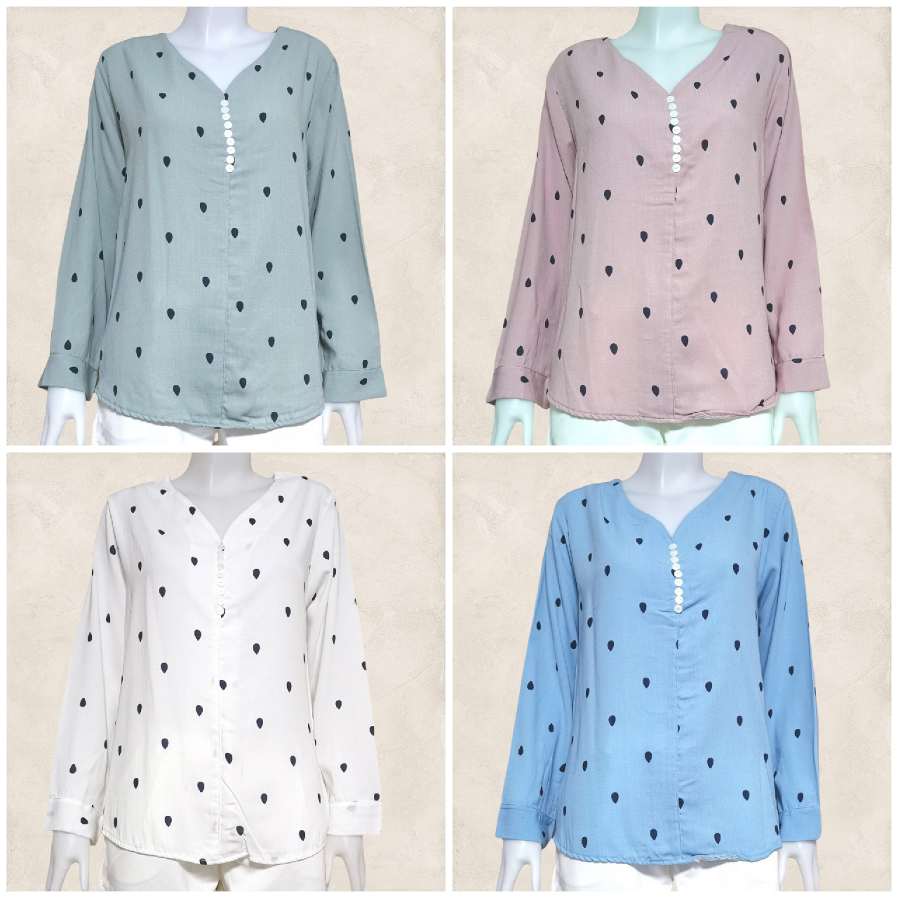 Blouse3877 เสื้อคอวีแขนยาวกระดุมข้อมือ อกแต่งกระดุม ผ้าไมโครเนื้อดีนุ่มมีน้ำหนักใส่สบาย มี 4 สี ฟ้า ขาว ชมพู เขียว