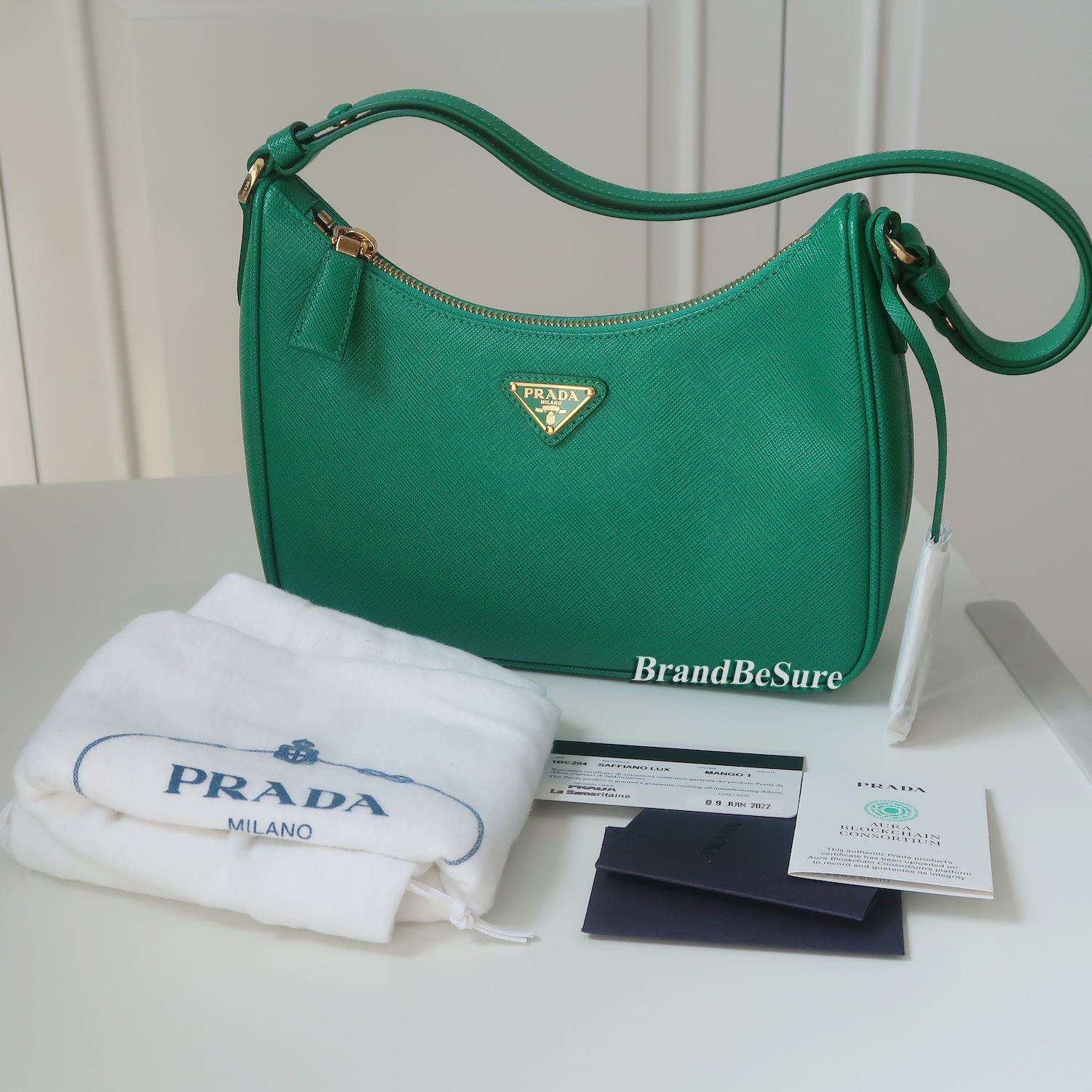 Prada Mango Green Saffiano Re-Edition Mini Hobo 1BC204 (2022)