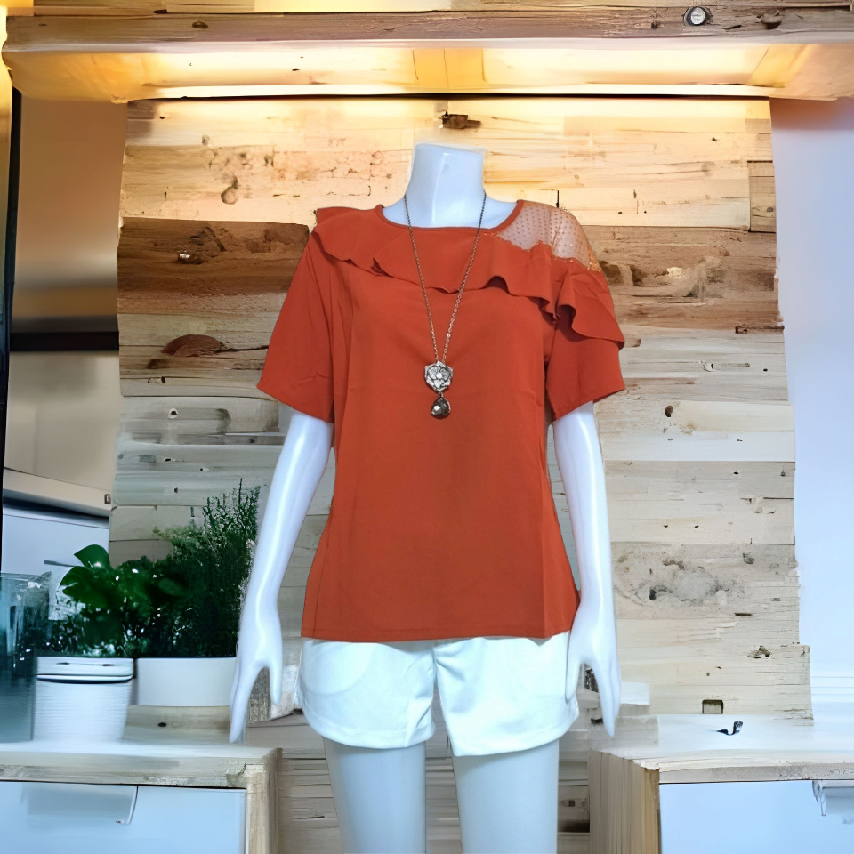 Blouse3917 เสื้อแฟชั่นแต่งระบายช่วงบ่าซีทรู 1 ข้างเก๋ๆ ผ้าโพลีเนื้อดีมีน้ำหนักทิ้งตัว งานสวยผ้านุ่มน่าใส่ แมทช์กับอะไรก็เข้า ใส่เที่ยว/ใส่ทำงานได้