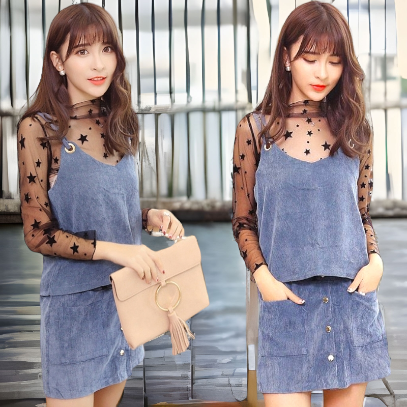 Set_bs1693 เซ็ท(เสื้อ+กระโปรง) เสื้อสายเดี่ยว+แขนยาวซีทรู+กระโปรง ผ้าลูกฟูกเนื้อดี งานดีทรงดี ใส่แล้วน่ารักดูดีสุด