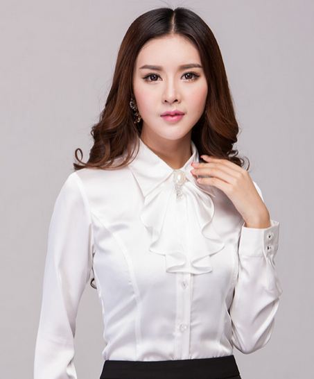 เสื้อเชิ้ตใส่ทำงาน เสื้อเชิ้ตผู้หญิง แขนยาว สีขาว คอปก มีระบาย พู่ เพิ่มมิติ ให้ดูโดดเด่น เสื้อใส่ทำงาน แขนยาว สำหรับ สาวออฟฟิต เรียบร้อย 500772_1